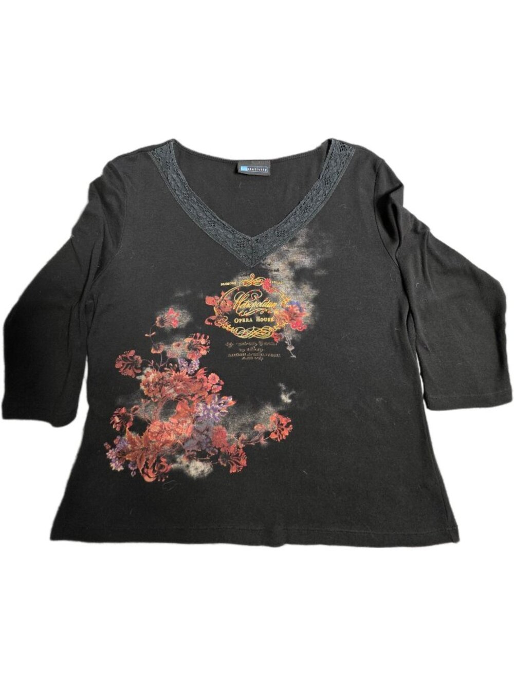 VTG Relativity Y2K Whimsigothic Graphic Tee L Black Lace V-Neck Opera